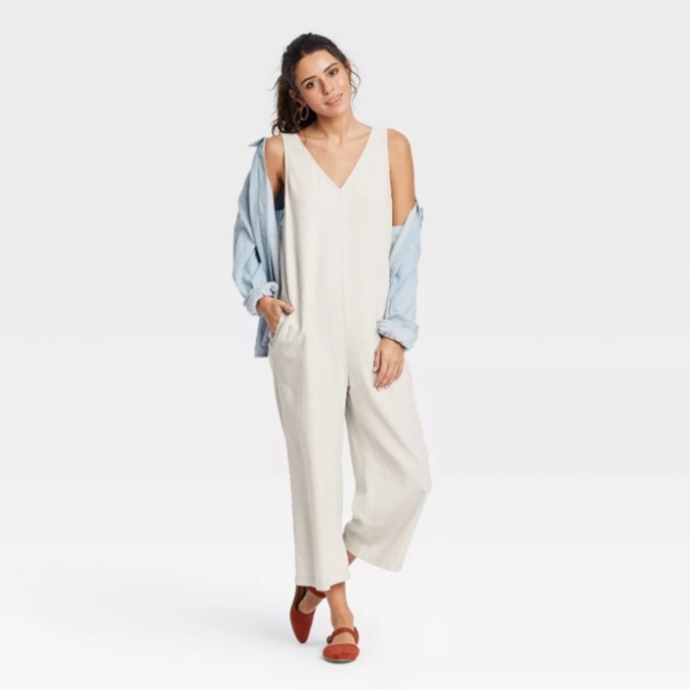linen blend vneck jumpsuit